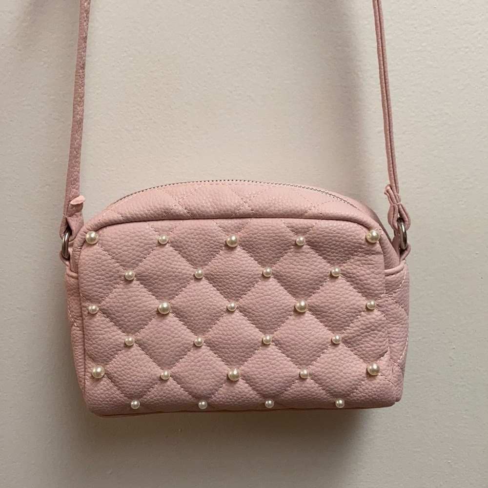 Light pink pearl-beaded cross-body bag